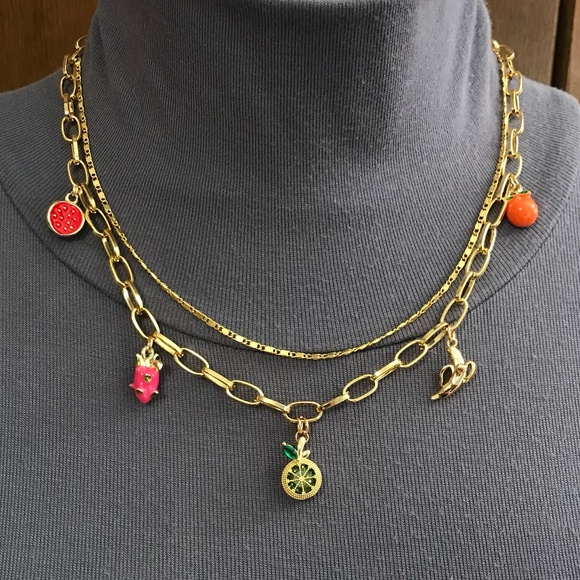 "Fruit Stand" Handmade 2-Layer Gold Charm Necklace with Tropical Fruit Charms - Picture 2 of 15